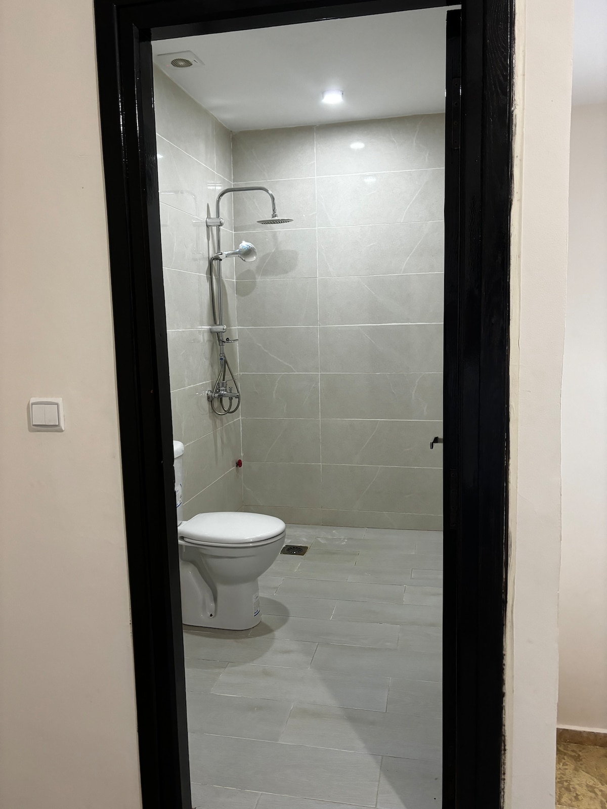 A modern bathroom is visible, featuring a sleek shower with a handheld fixture and a wall-mounted showerhead. A white toilet is positioned next to the shower in a neutral-toned tiled space. Soft lighting illuminates the clean surfaces, enhancing the overall appearance.