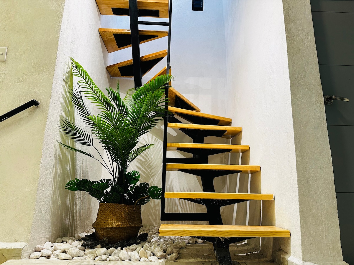 A spiral staircase is featured, showcasing wooden steps and a black metal railing. A potted plant is positioned at the base, surrounded by smooth white pebbles, creating a natural element within the space.