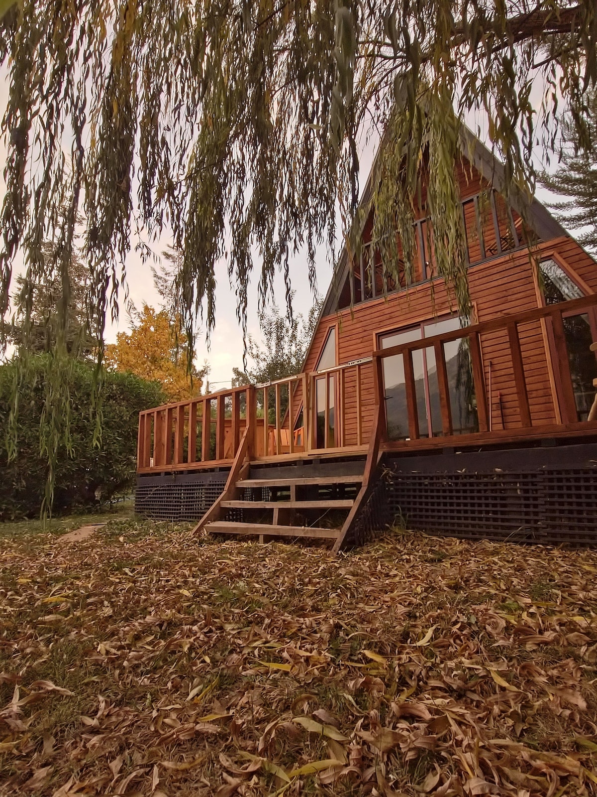 A wooden A-frame cabin is surrounded by a natural landscape, featuring a spacious deck with steps leading to the entrance. Fallen leaves blanket the ground, and the structure is framed by trees, offering a serene setting in a tranquil environment.