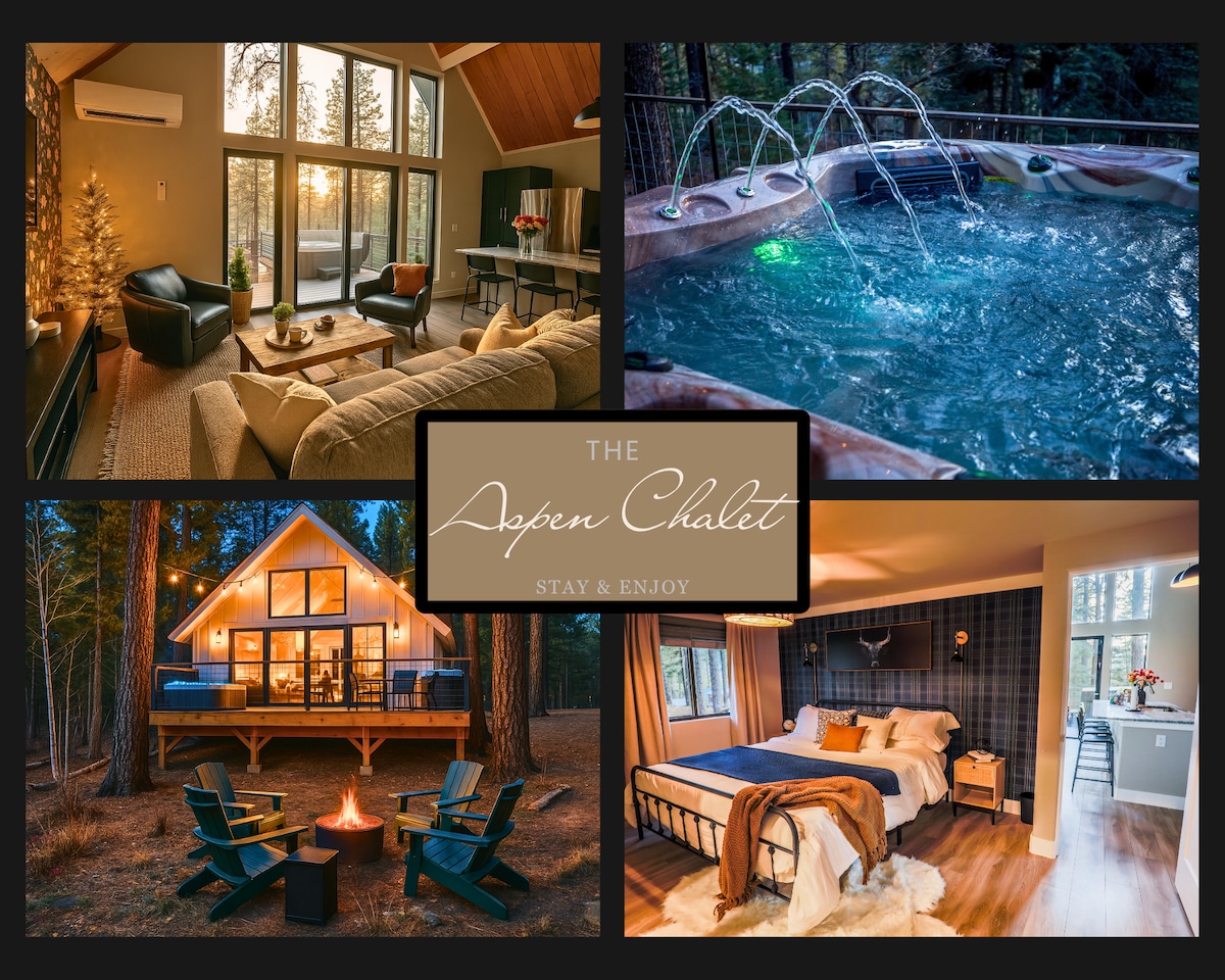 The cozy living area features a comfortable sofa and chairs facing expansive windows that provide views of the surrounding forest. Outside, a hot tub is seen with water jets creating a relaxing atmosphere. The charming exterior showcases a warm glow from the chalet, and a fire pit with seating invites evening gatherings.