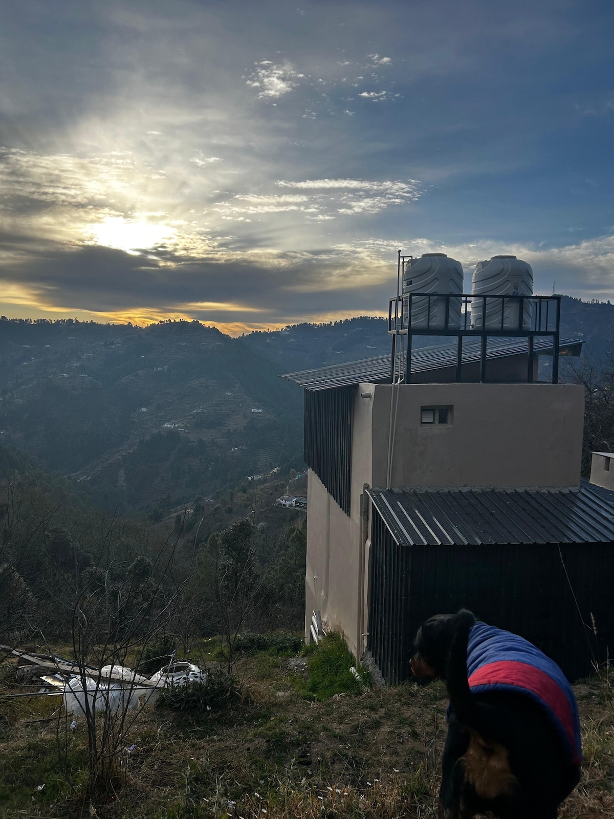A modern cabin is positioned on a hillside, featuring a roof deck with two water tanks. The backdrop showcases mountains and a sunset sky with varying cloud formations. A dog sits nearby, adding to the tranquil outdoor setting surrounded by nature.