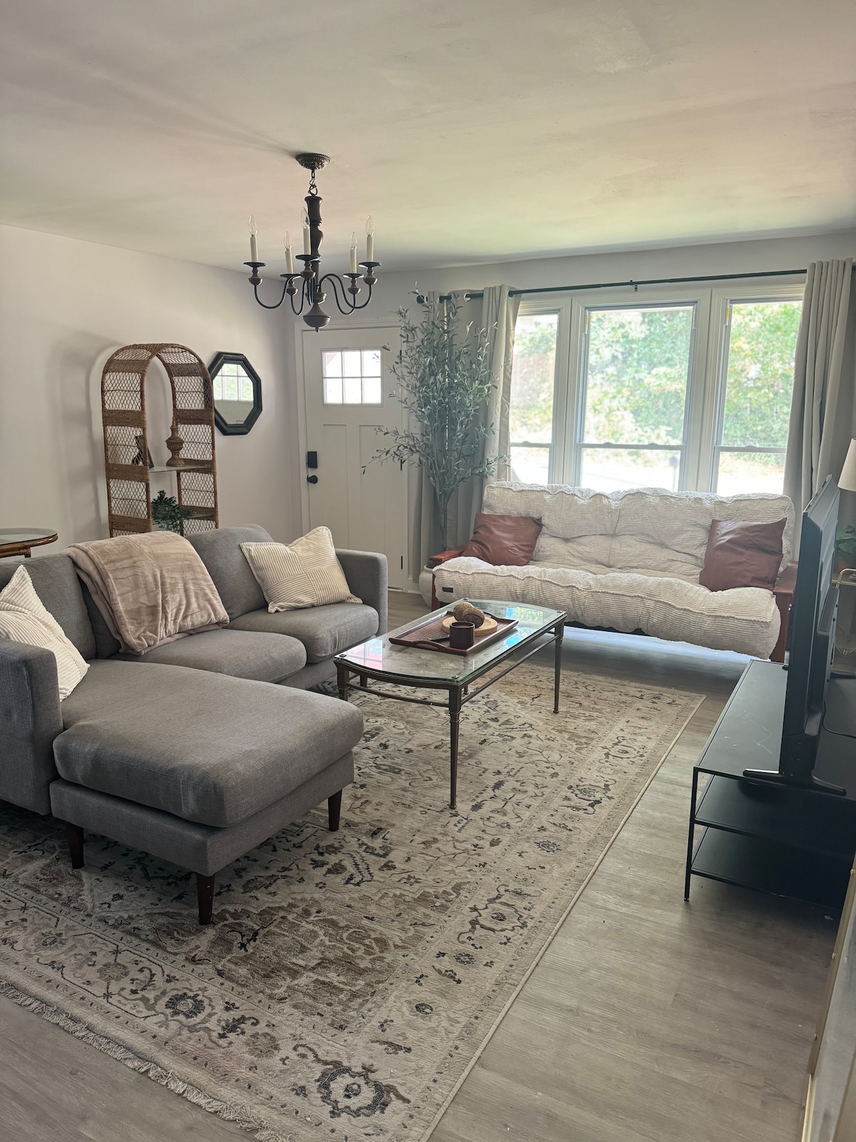 A cozy living area features a large gray sectional couch and a convertible futon adorned with cream-colored cushions. A glass coffee table is centered on a patterned rug, while a chandelier hangs above. Natural light filters through multiple windows, accented by greenery.