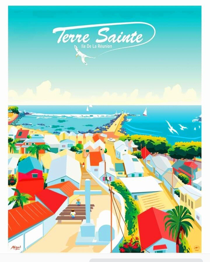 A vibrant illustration depicts the coastal area of Terre Sainte, showcasing a blend of colorful houses and the blue sea in the background. Sailboats and seabirds add dynamic elements to the scene, while a winding path leads toward the horizon.