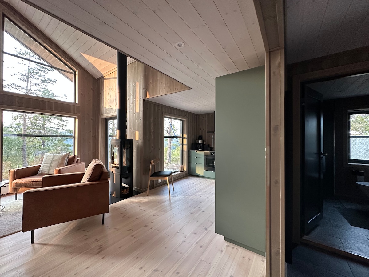 A modern living space is highlighted by large windows allowing natural light to fill the room. A cozy seating area features two armchairs and a sofa, while a sleek wood stove occupies one corner. The kitchen is visible in the background, showcasing contemporary design elements.