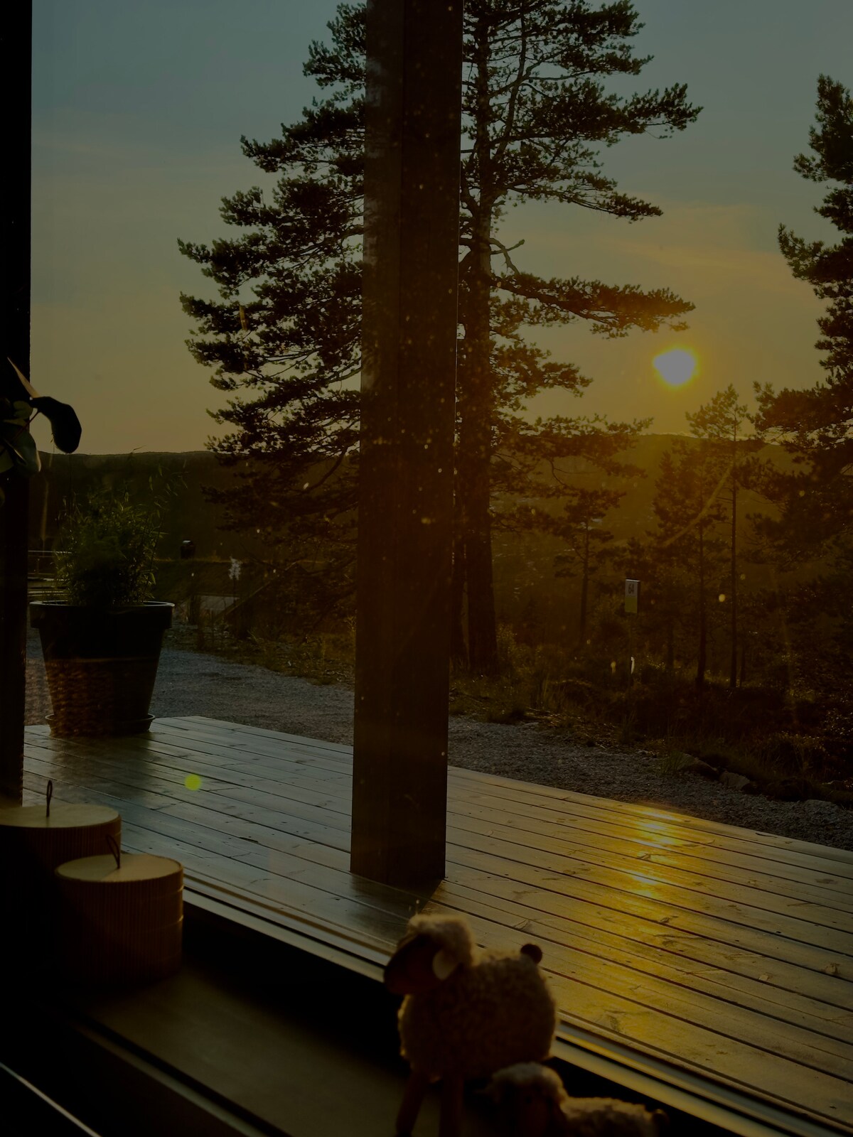 The image captures a sunset view through large windows, showcasing orange and yellow hues lighting up the sky. A wooden deck extends outside, bordered by trees. A cozy indoor space features plants and a soft toy, adding charm to the serene setting.