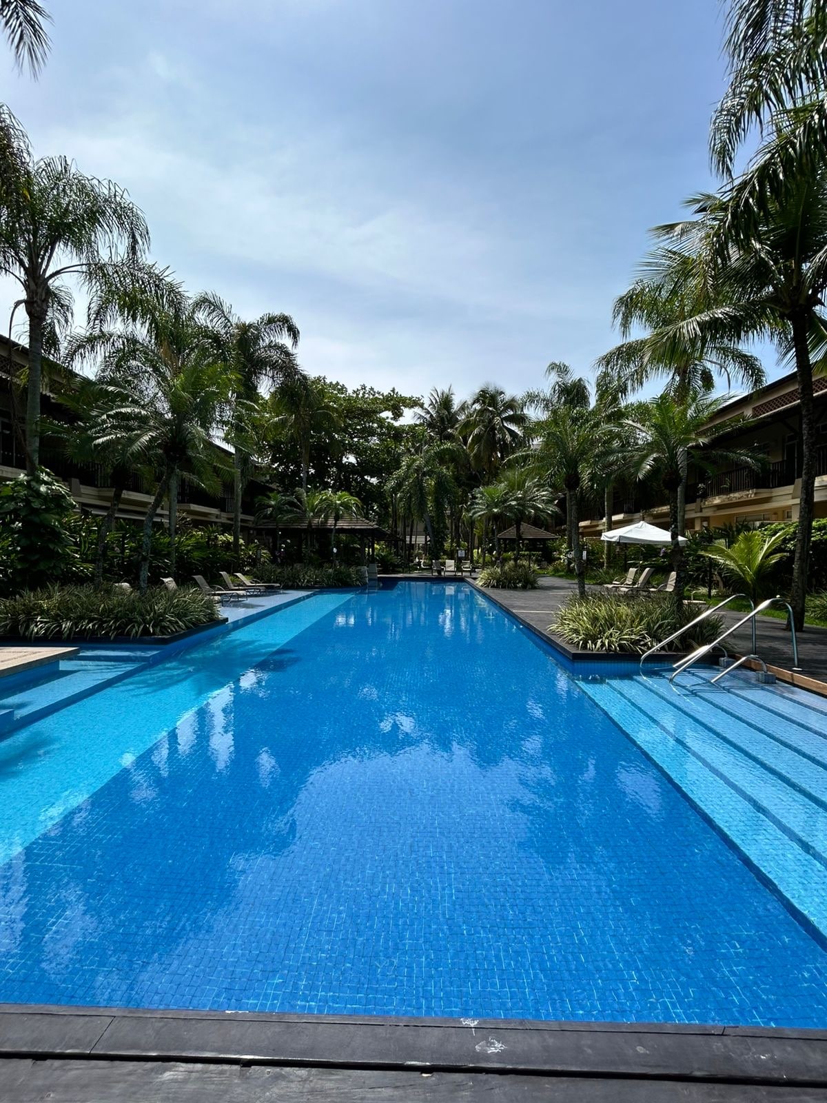 A long pool stretches between palm trees and tropical plants, surrounded by lounge chairs and shaded areas. The clear blue water reflects the sunlight, creating a tranquil environment. Pathways lined with greenery lead to this relaxing outdoor space.