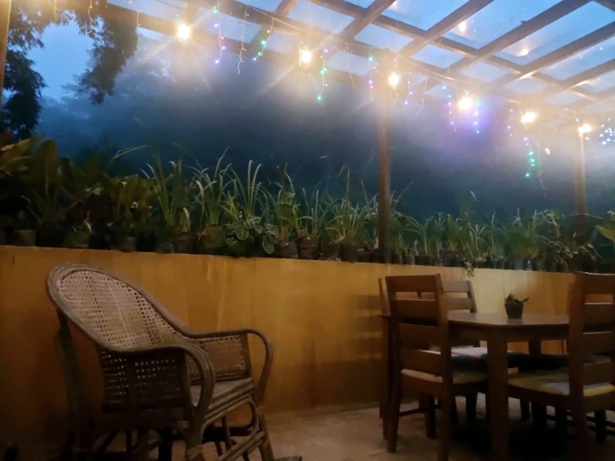 A covered outdoor patio is featured, adorned with string lights providing soft illumination. A wooden table sits near a woven chair, with lush greenery visible in the background against a twilight sky.