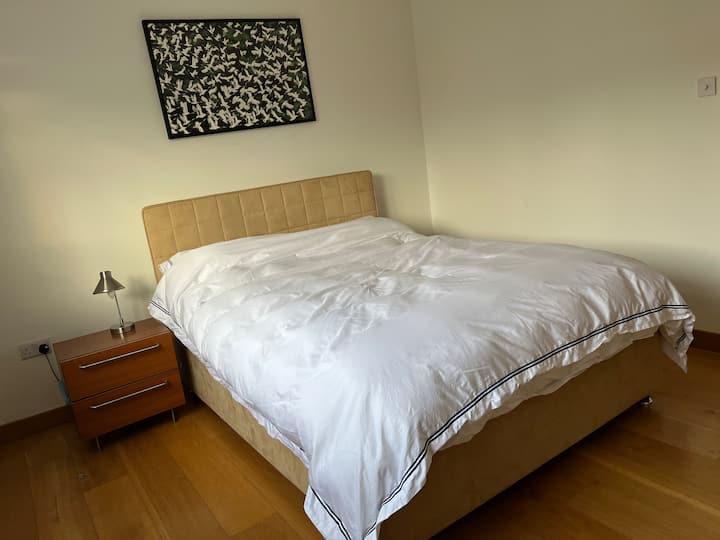 Letto king size con poggiapiedi sotto il letto e comodino. Comodino e lampada. Armadio triplo per indumenti.