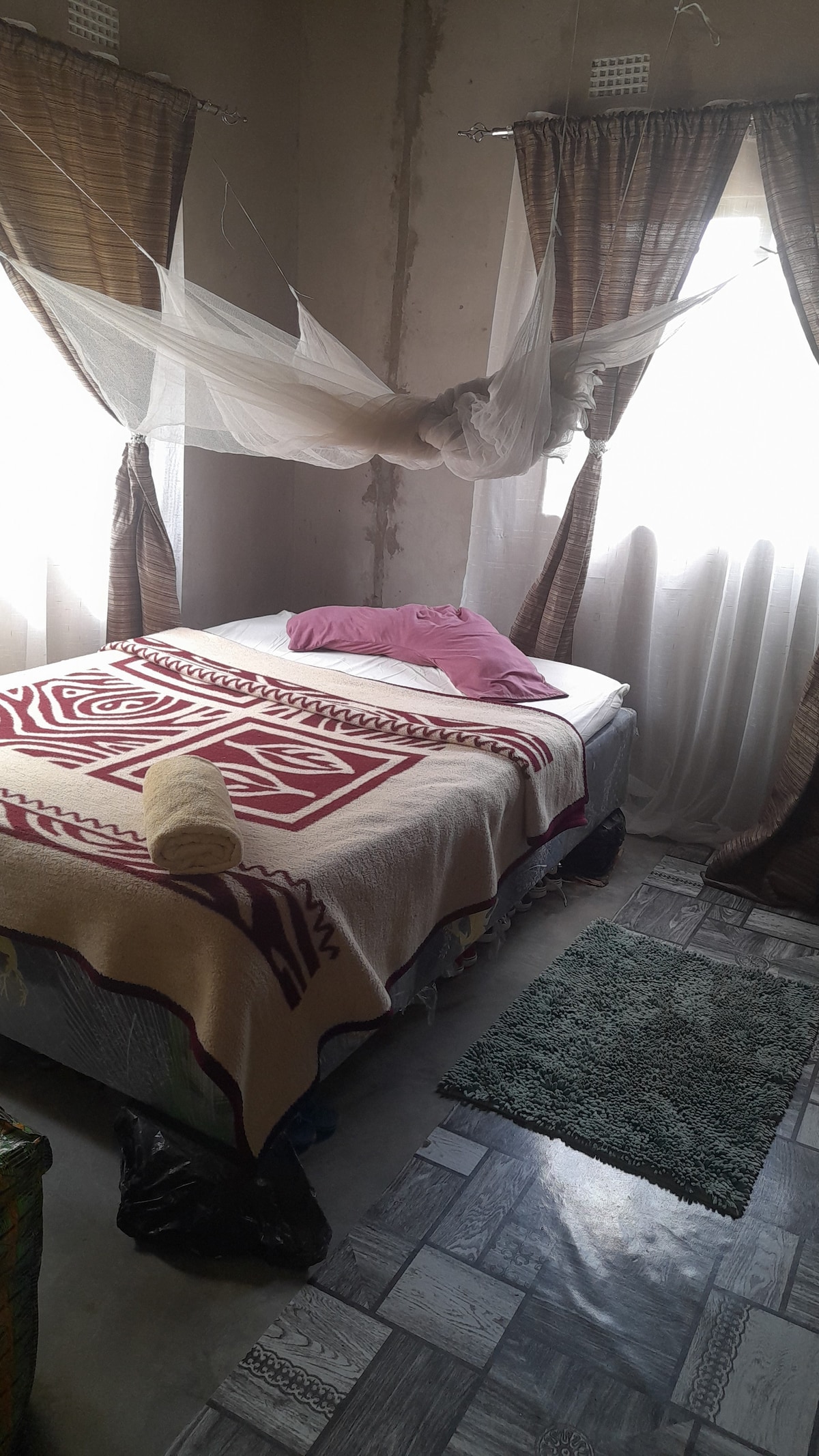 A cozy bedroom features a spacious bed draped with a patterned blanket and a pink pillow. Light flows in through sheer curtains on either side, while a small green rug is positioned on the floor. A mosquito net is suspended above the bed.