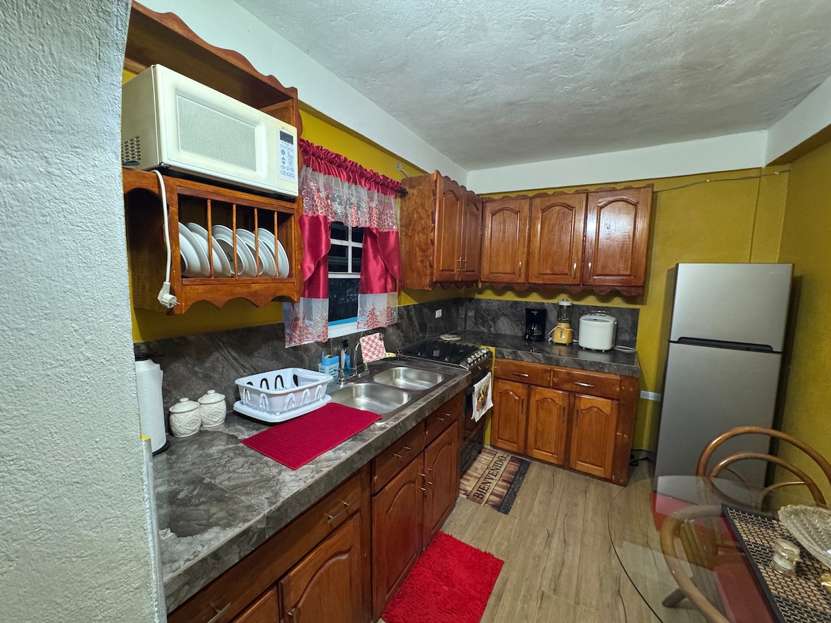 A functional kitchen displays wooden cabinetry and a granite countertop. Kitchen appliances include a microwave and a refrigerator. A double sink is positioned under a window dressed with patterned curtains. Tableware is neatly arranged on a wall-mounted shelf, complemented by a small dining area.