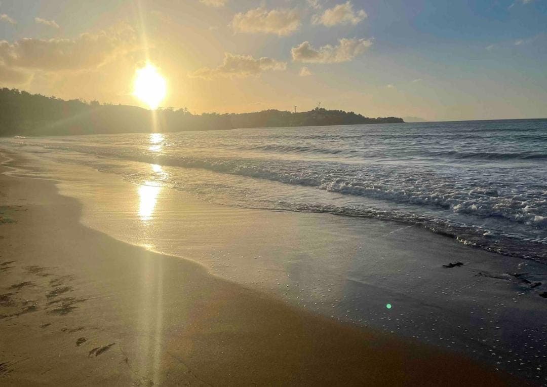 A serene beach scene captures the sun setting over the horizon, casting a warm glow on the waves gently lapping the shore. The golden light reflects on the wet sand, enhancing the natural beauty of the coastline and creating a tranquil ambiance.