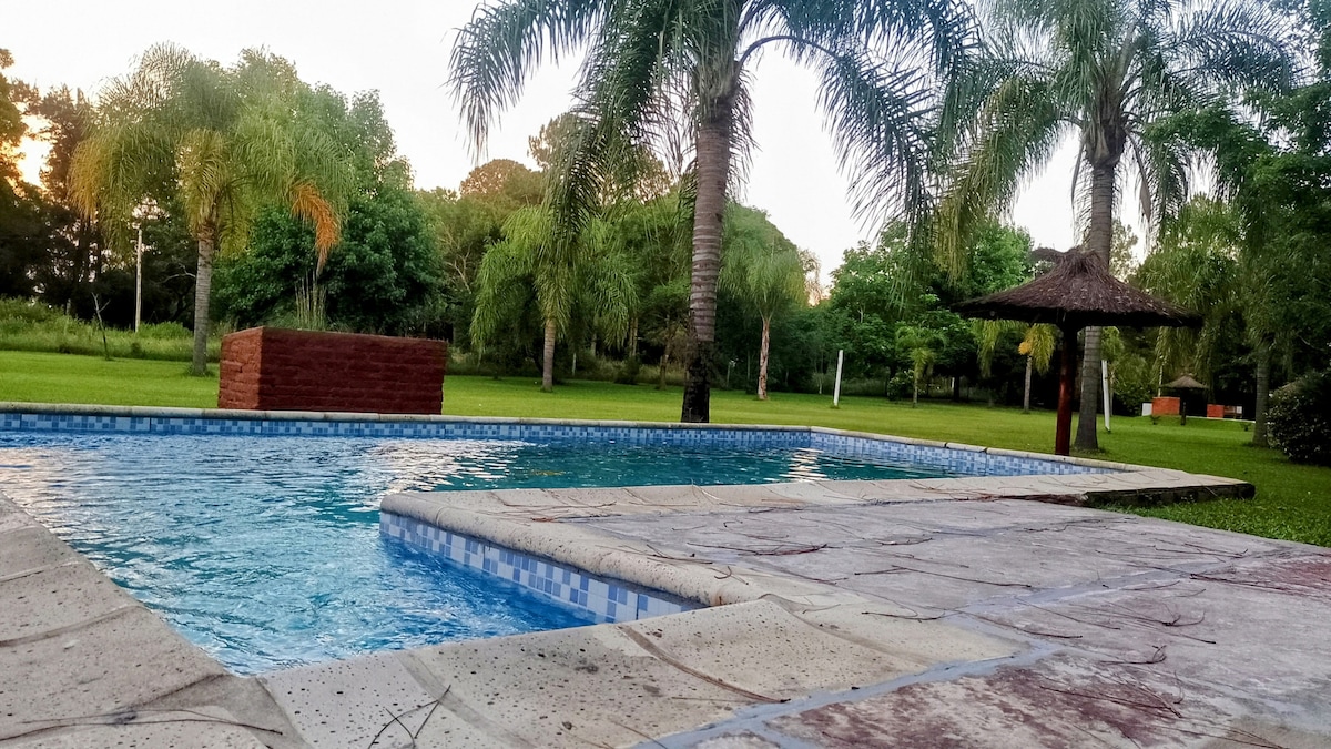 An outdoor pool is surrounded by lush greenery and palm trees, with a shallow area extending from the main pool. A shaded seating area is visible nearby, offering a tranquil space for relaxation amid the natural setting.