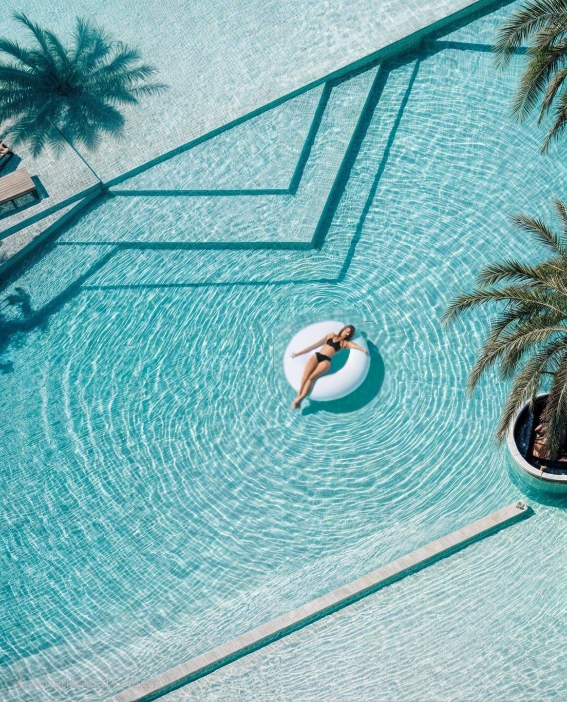 An aerial view of the main pool reveals its inviting turquoise waters. A circular float can be seen gently drifting, surrounded by elegant palm trees. The water's surface reflects the sunlight, creating soft ripples that enhance the tranquil atmosphere.