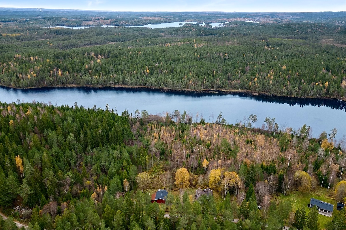 Aerial view of a serene landscape featuring a winding river surrounded by lush greenery and trees in various autumn hues. The peaceful natural setting is complemented by distant hills and lakes, offering a glimpse of the tranquil surroundings near the cabin.