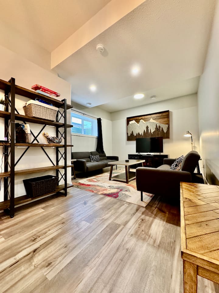 Appartement au sous-sol avec plafonds de 10 pieds, immenses fenêtres pour beaucoup d'éclairage naturel, cheminée électrique télécommandée et deux canapés-lits (avec draps, oreillers et couvertures supplémentaires)