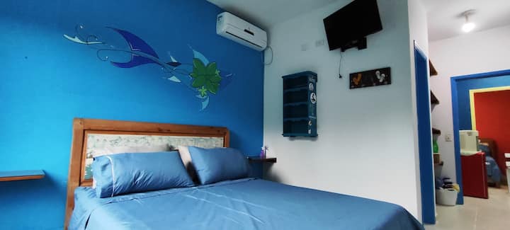 Quarto aconchegante e bem equipado, com TV Smart, ar-condicionado, espaço para malas e roupas. No corredor, frigobar exclusivo para hóspedes. A decoração é de bom gosto e a vista para o morro nos fundos da casa traz um charme adicional.