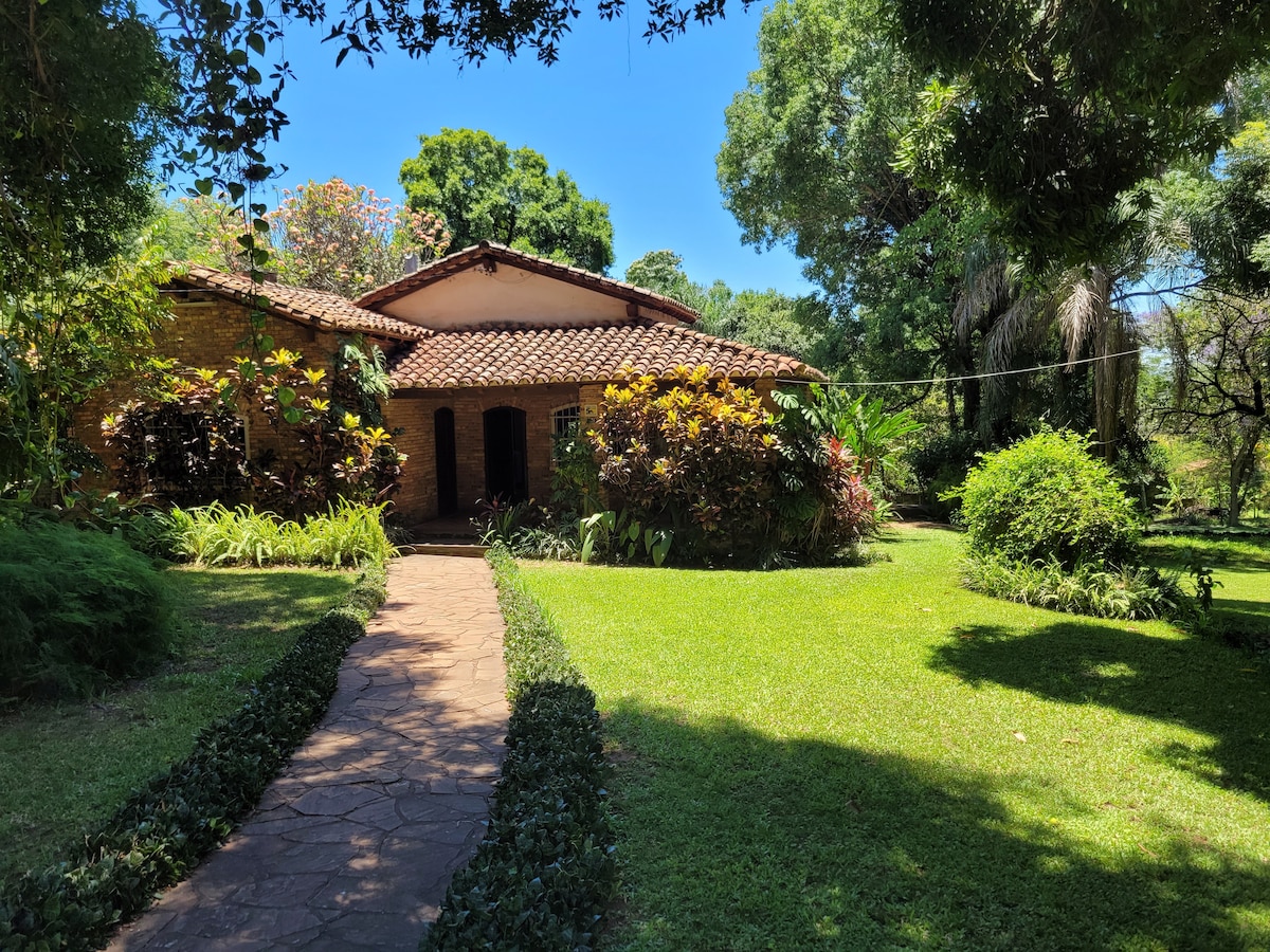 A charming house is surrounded by lush greenery and vibrant flowers. A stone pathway leads to the entrance, framed by neatly trimmed hedges. Tall trees provide shade, enhancing the peaceful atmosphere of the outdoor space.