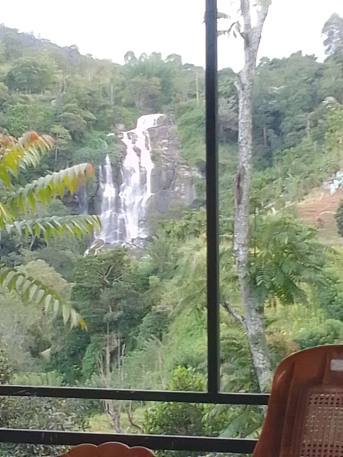 A large window frames a view of a cascading waterfall surrounded by lush greenery and trees. The natural landscape features a variety of plants, with the waterfall flowing gently down the rocky face, creating a serene focal point in the scenery.
