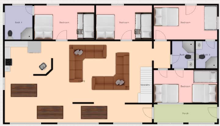 Downstairs Floor Plan. Rough draft and unreliable idea of the location of bedrooms and bathrooms relative to the porch entrance, living, and dining rooms. It is not to scale.