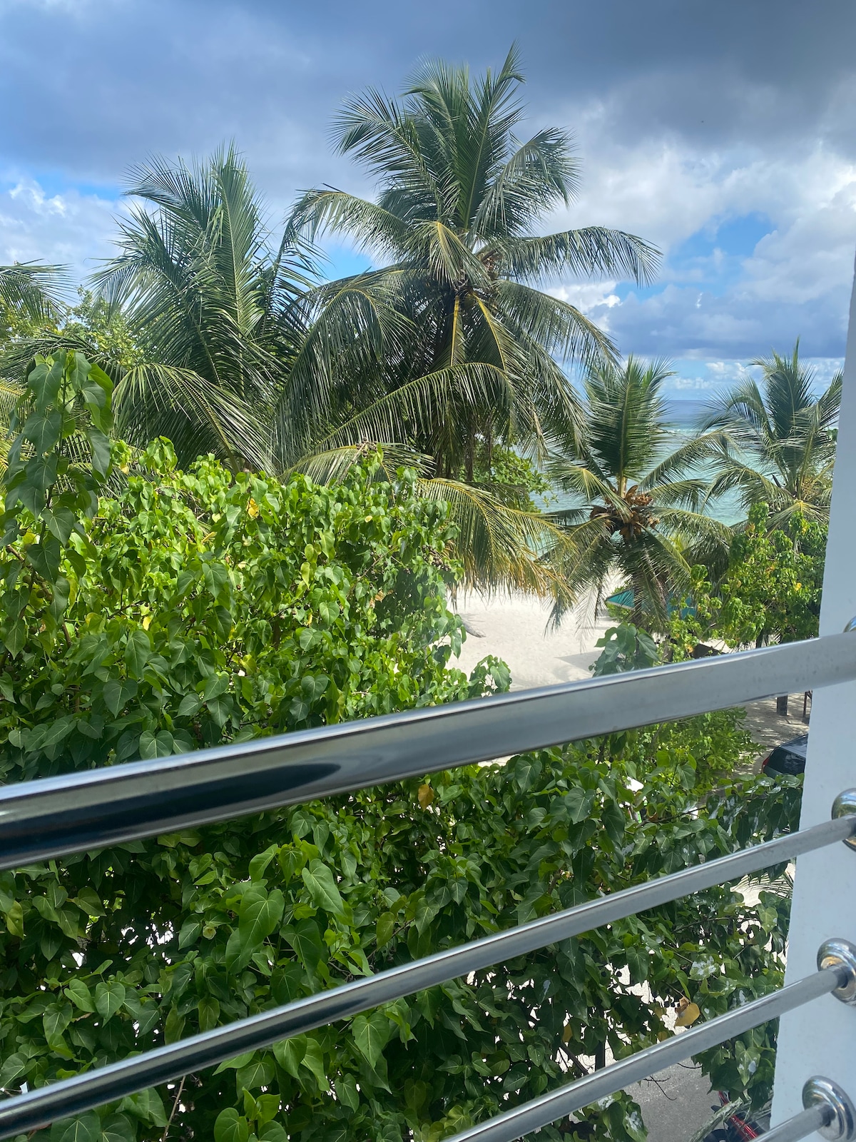 A view from a balcony showcases lush greenery with tall palm trees swaying gently. The vibrant foliage frames a glimpse of a sandy beach and turquoise waters in the background, under a partly cloudy sky.