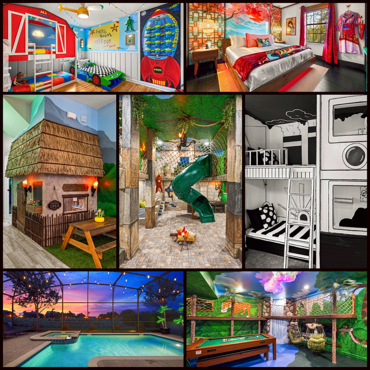A collage of vibrant and imaginative spaces designed for children. Features include a play area resembling a treehouse, a unique bunk bed setup, and an adventurous slide surrounded by jungle decor. A cozy bedroom showcases themed bedding, while a pool area offers sunset views through a screened enclosure.