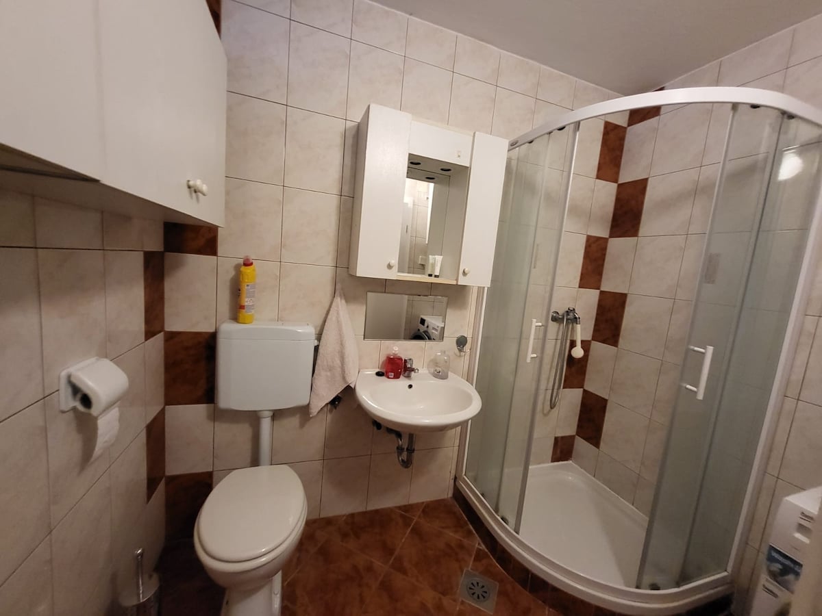 A clean bathroom is equipped with a glass shower enclosure and a round sink. Light-colored tiles create a neutral backdrop, complemented by decorative brown accents. A wall-mounted mirror and storage cabinet provide essential functionality, while toilet paper and hand towels are neatly arranged.