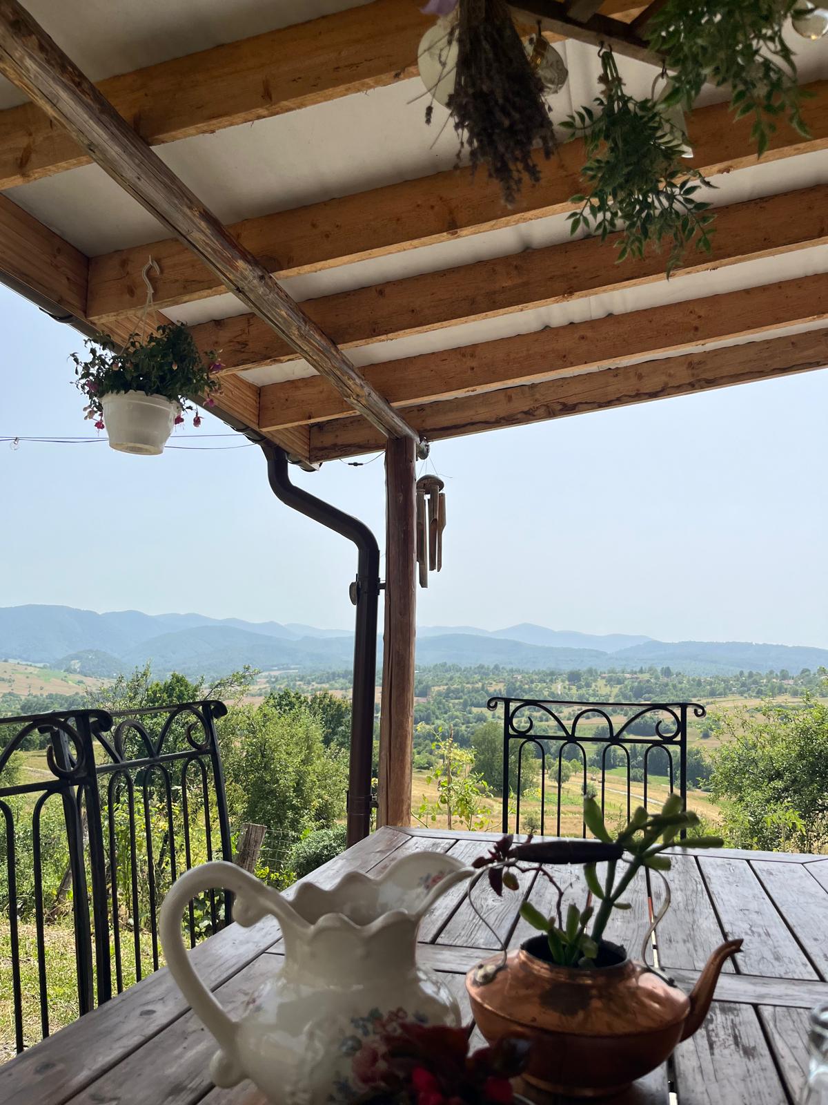 A wooden patio with a large table is complemented by decorative plants hanging from the exposed beams. In the background, rolling hills and distant mountains create a serene landscape, enhancing the tranquility of the outdoor setting. A teapot and a small copper kettle rest on the table.