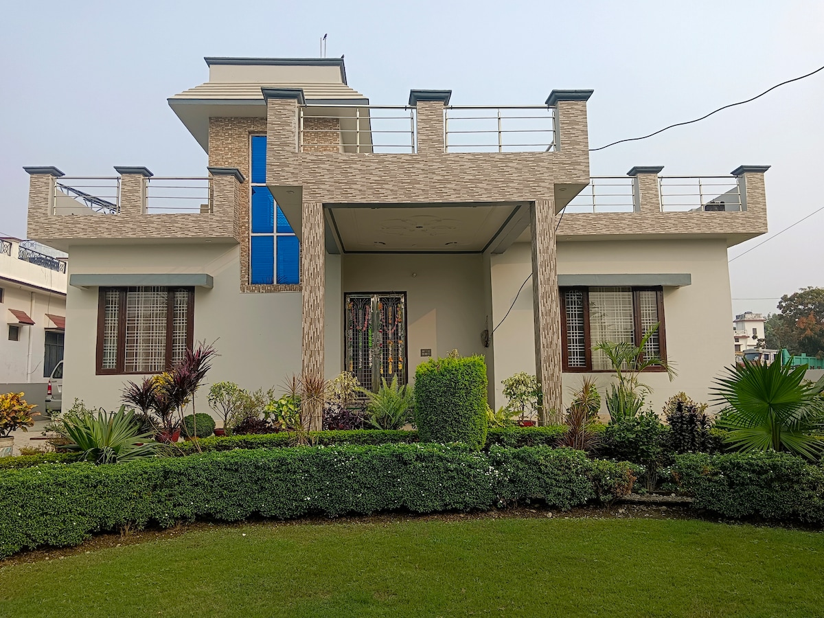 A modern two-story house features a well-maintained lawn with diverse plants and shrubs. The facade includes large windows and a distinctive blue design element. A garden bed surrounds the property, enhancing the fresh aesthetic, while a patio is visible at the entrance.