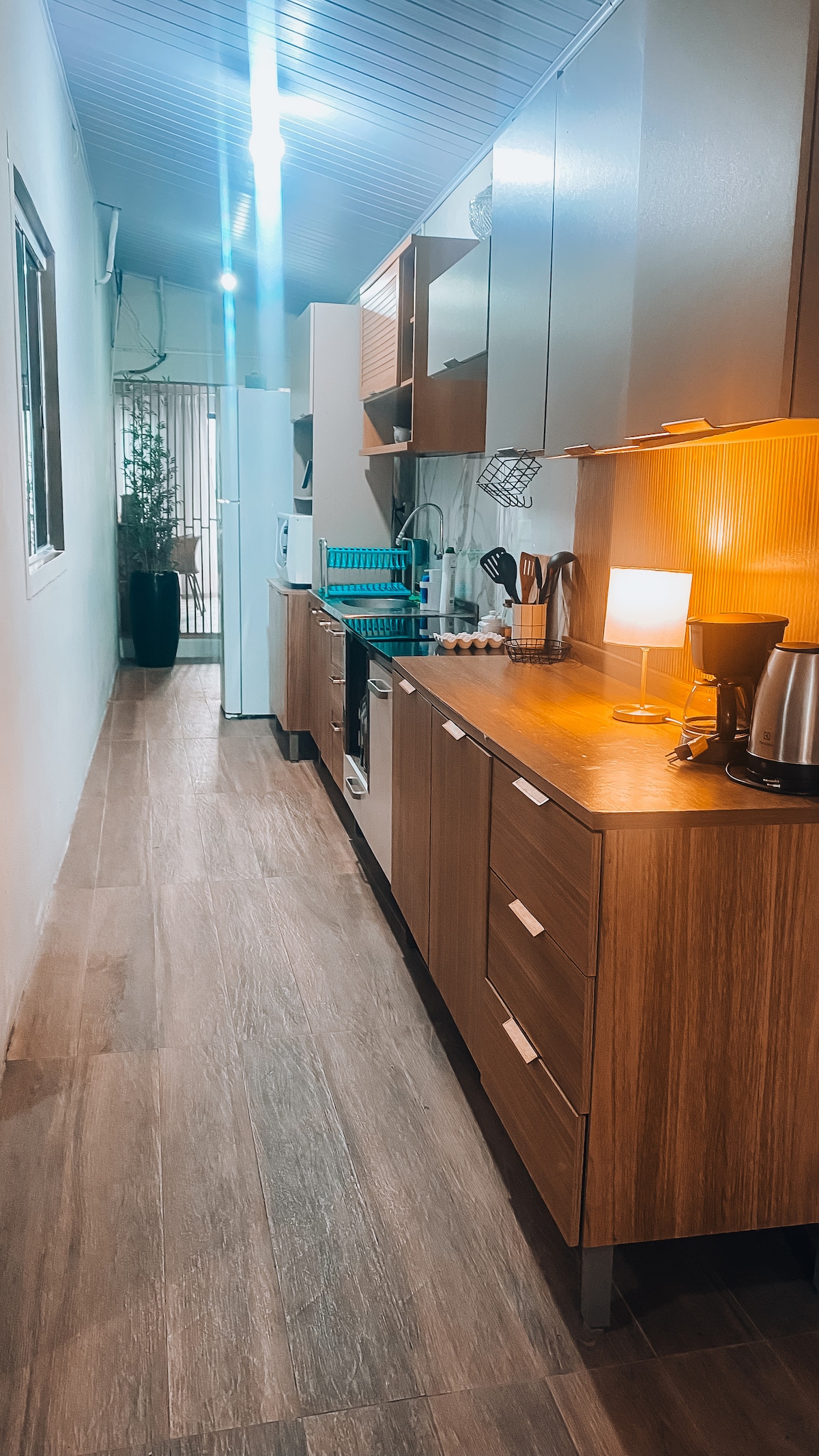 A narrow kitchen area features wooden cabinetry and modern appliances. A countertop lamp provides soft lighting, while a coffee maker and utensils are visible. Floor-to-ceiling windows at the far end allow natural light to enter, with greenery seen through the glass.