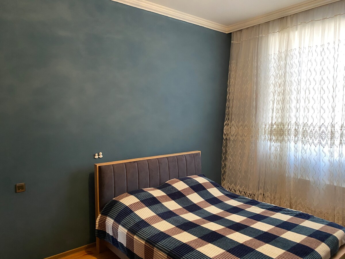 A spacious bedroom features a checkered blanket laid over the bed. A textured blue wall creates a calming backdrop, while sheer curtains allow natural light to filter softly into the room.
