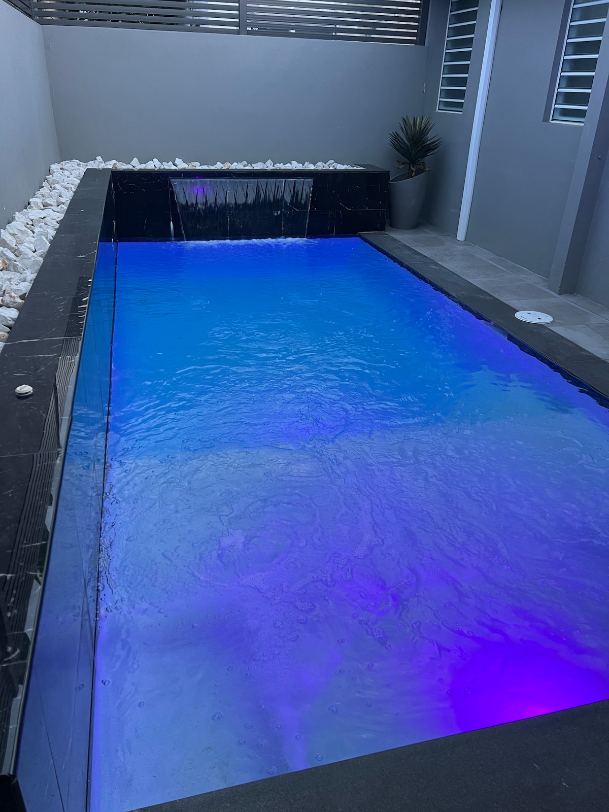 An outdoor swimming pool features illuminated water in shades of blue and purple, complemented by a gentle waterfall cascading at one end. The surrounding area is lined with smooth stones, and a potted plant is positioned nearby against a modern gray wall.