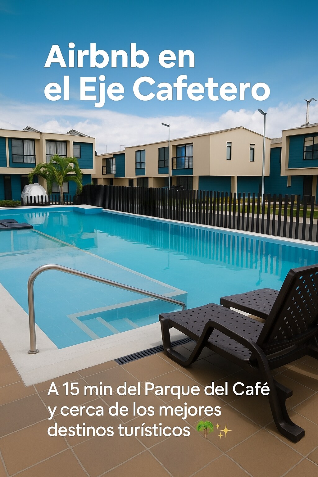 The image displays a clear swimming pool surrounded by modern townhouses, featuring tropical landscaping. Comfortable lounge chairs are positioned by the pool, inviting relaxation. A gentle blue sky contributes to a serene atmosphere, while a palm tree adds a touch of greenery to the scene.