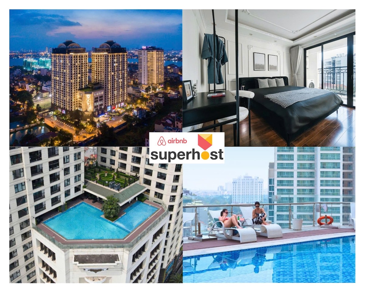 A panoramic view showcases a modern high-rise complex against a nighttime city skyline, illuminated by city lights. A stylish bedroom features a spacious bed with simple decor. An aerial perspective reveals a rooftop swimming pool surrounded by greenery, while guests relax by the infinity pool.
