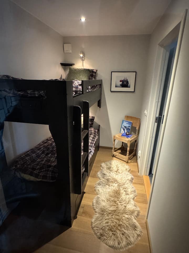 Custom-built solid bunk bed in pine with spacious bed drawer to be used by tenants. Reading lamp for each bed.