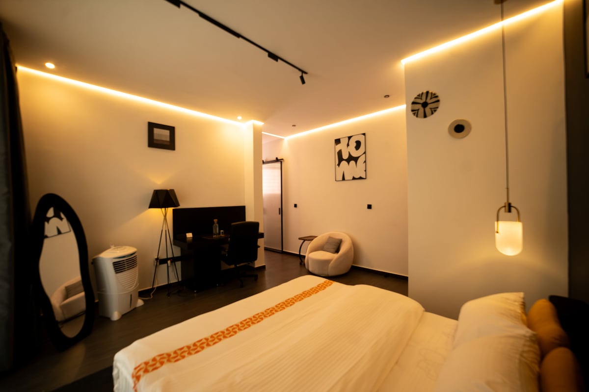 Bright bedroom with large windows