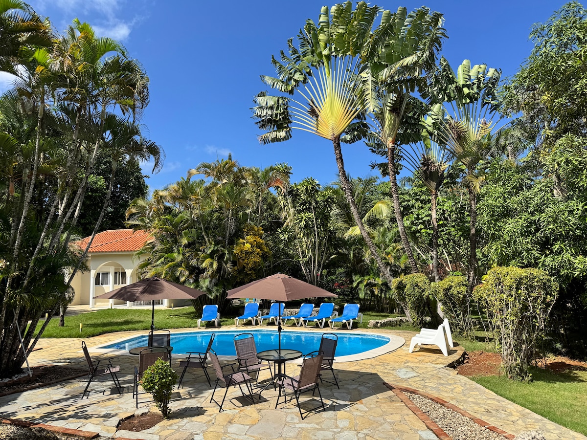 A serene outdoor area features a circular swimming pool surrounded by lounge chairs and umbrellas. Lush tropical plants and tall palm trees provide shade and a vibrant backdrop, while a stone pathway leads to various seating arrangements, creating an inviting space for relaxation.
