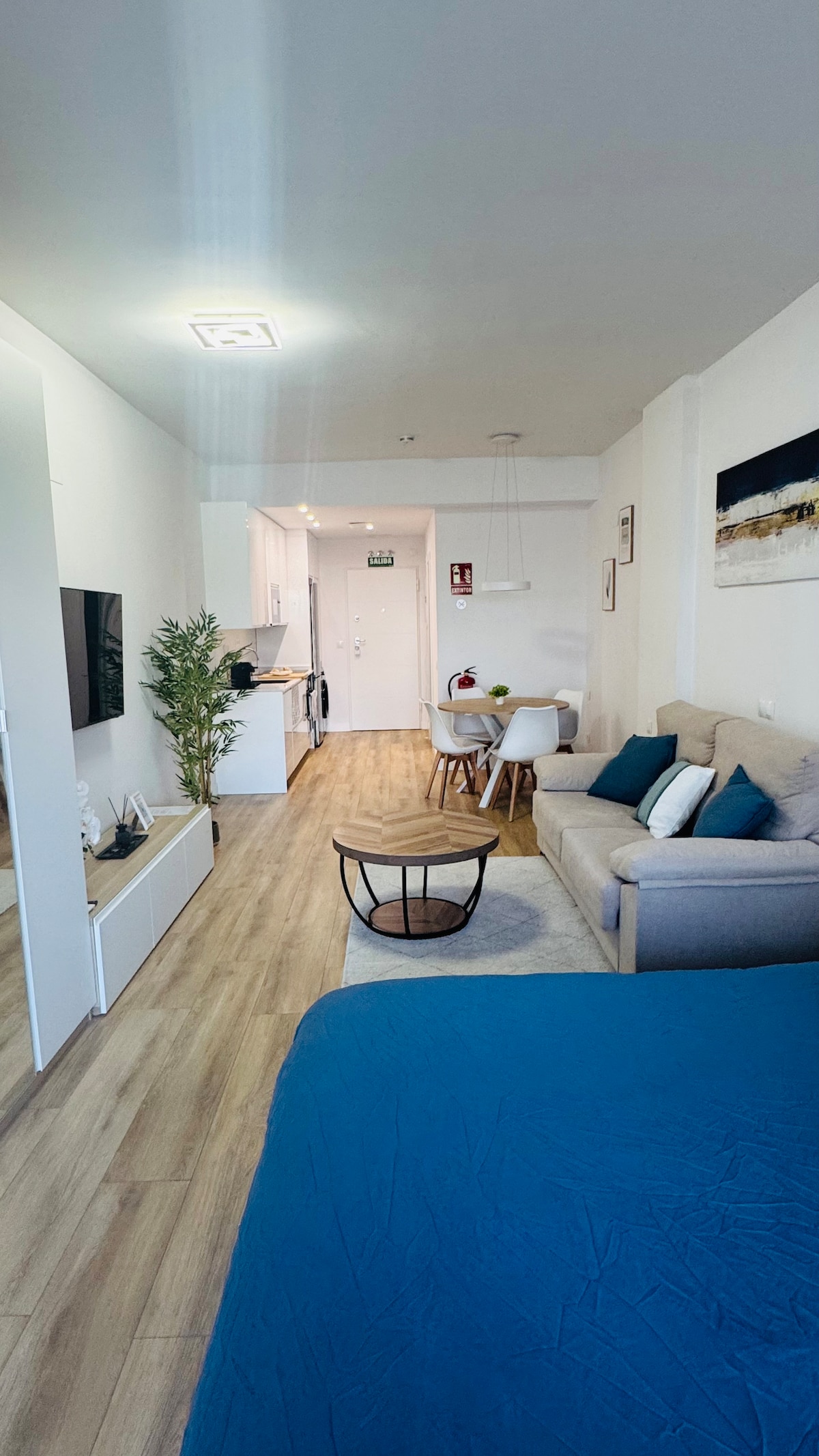 A modern loft layout is displayed, featuring a spacious bed and a light-colored sofa accented with cushions. A small dining table with chairs occupies a corner, while the kitchen area is visible in the background, equipped with essential appliances. Natural light brightens the space through a window.