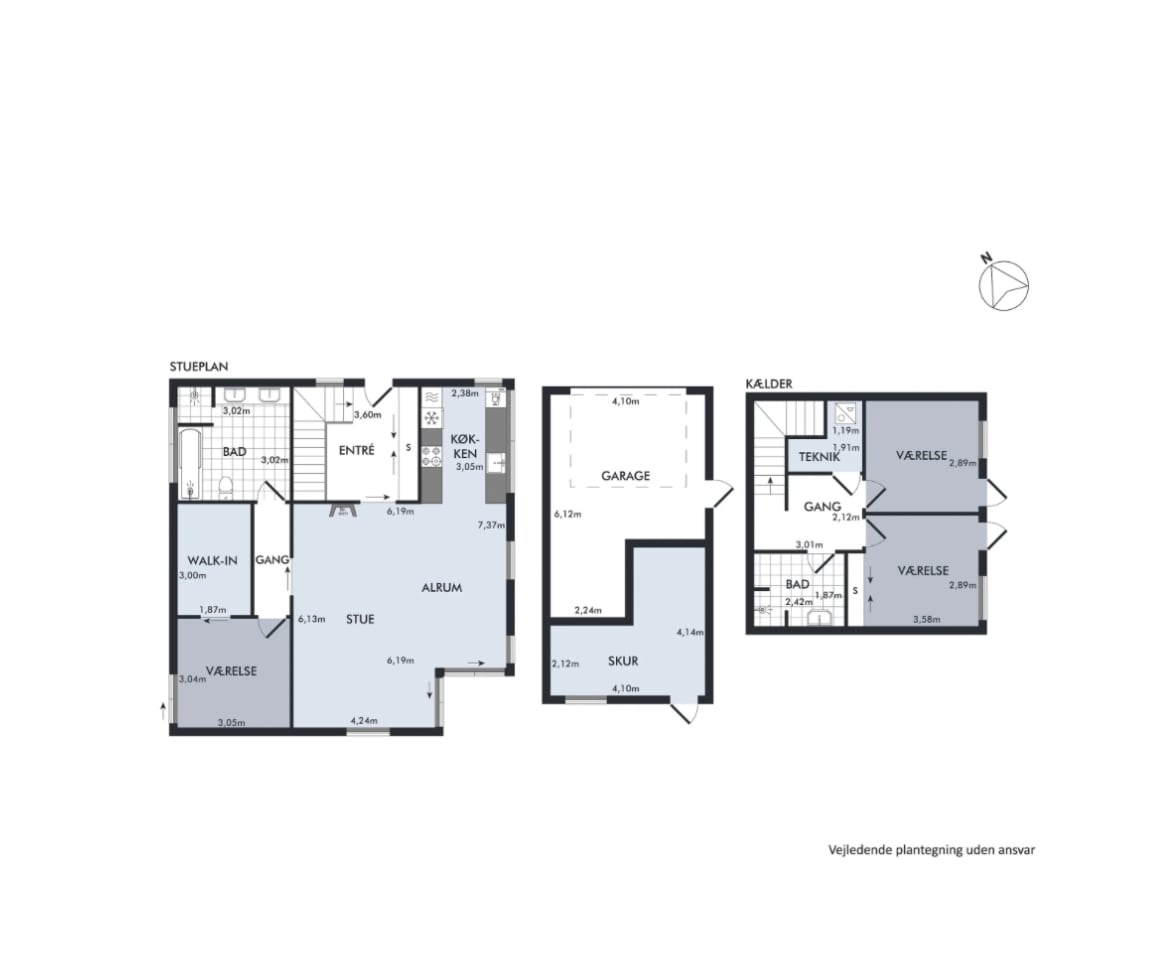 The image displays a floor plan of the villa, featuring labeled rooms including a kitchen, living area, two bedrooms, and bathrooms. Dimensions for each room are indicated, offering an overview of the space layout. A garage and additional storage areas are also included in the design.