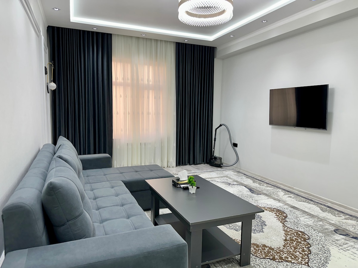 A spacious living area is furnished with a comfortable gray sofa and a dark coffee table. A television is mounted on the wall opposite, while elegant curtains frame the large window, allowing natural light to brighten the room. A vacuum cleaner is placed discreetly nearby.