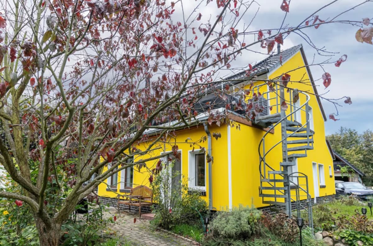 A bright yellow house with a spiral staircase is framed by a leafless tree, featuring a combination of windows and a welcoming entrance. The garden area showcases a stone pathway and decorative elements, emphasizing the outdoor space.