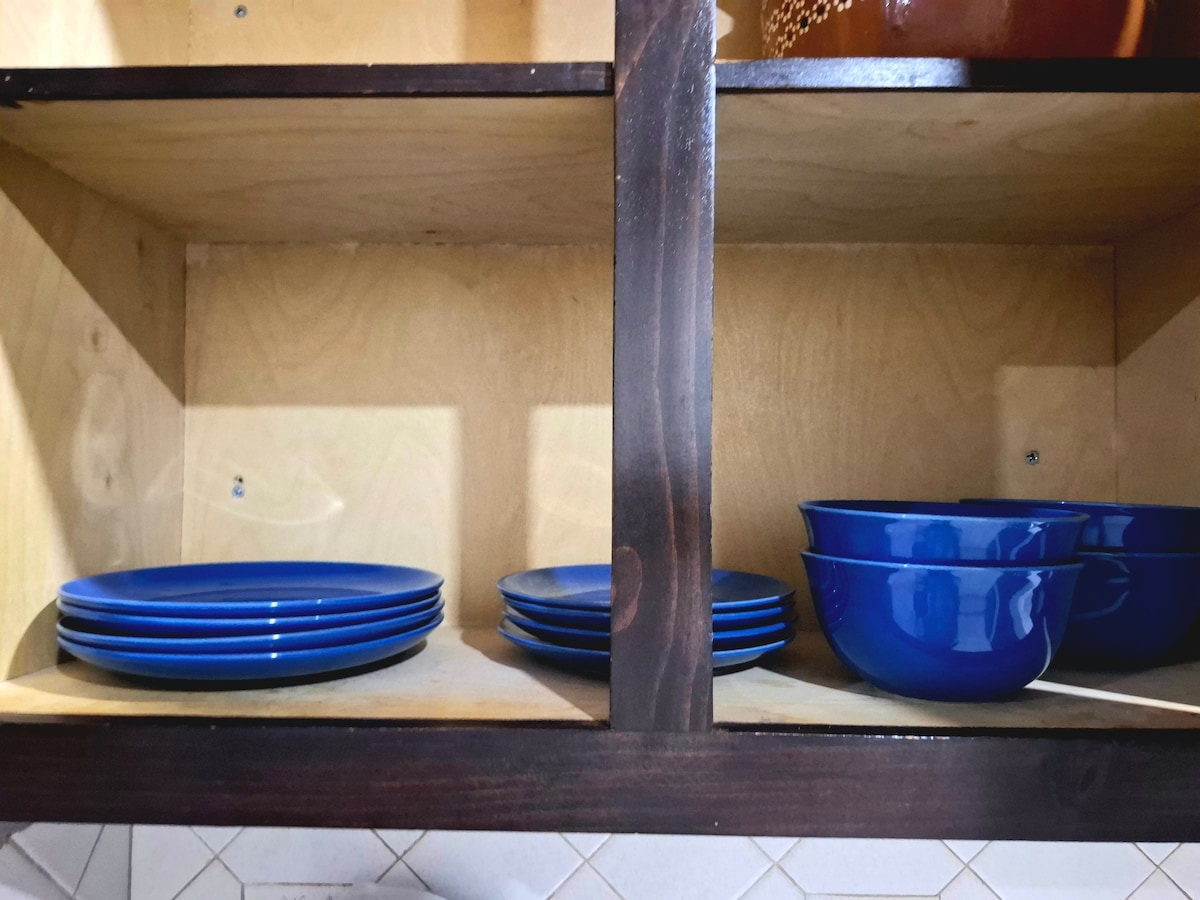 A collection of blue dinnerware is displayed in a wooden cabinet. The shelves hold several dinner plates arranged in a row alongside matching bowls. The smooth surface of the plates and bowls reflects light, creating a cohesive and organized look.