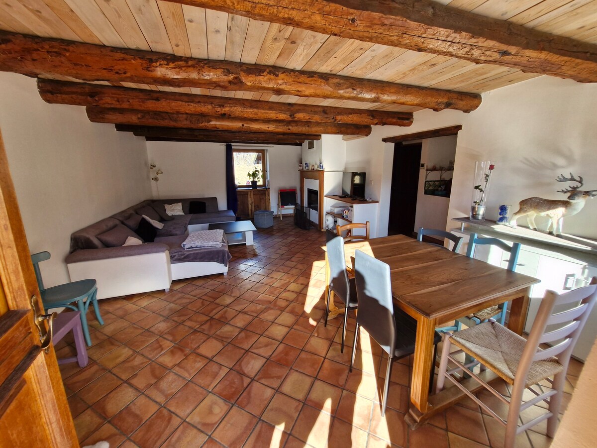 A spacious living area features wooden beams overhead and terracotta flooring. A large sectional sofa is situated near a fireplace, complemented by a wooden dining table surrounded by various chairs. Natural light enters through windows, creating a warm and inviting space.