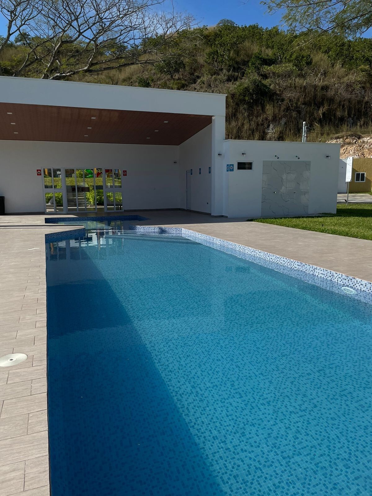 A serene swimming pool is outlined by a sleek deck and is framed by a grassy area. A modern building with large windows sits nearby, offering access to shaded seating. The clear blue water reflects sunlight, inviting relaxation.