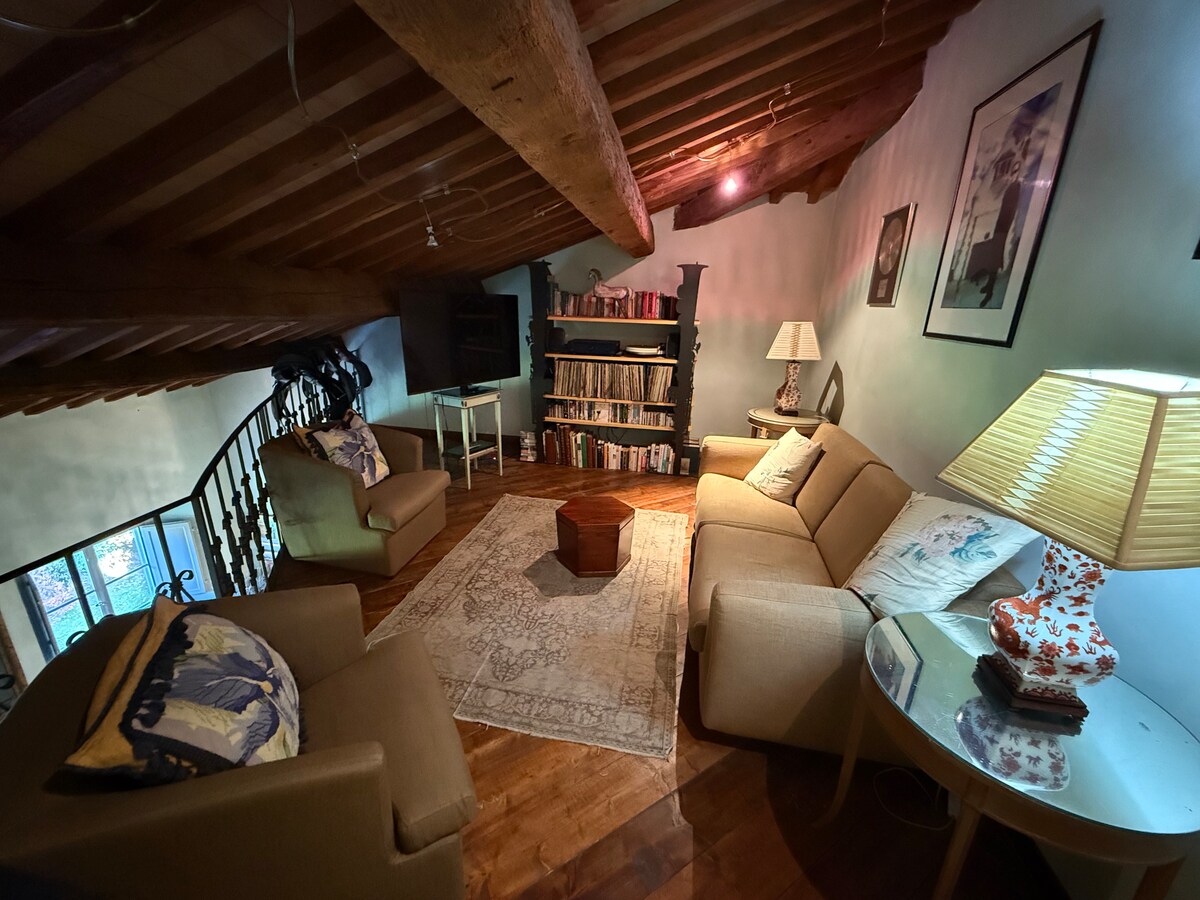 Таванско помещение - зона за отдих с разтегателен диван, телевизор и етажерка за книги 