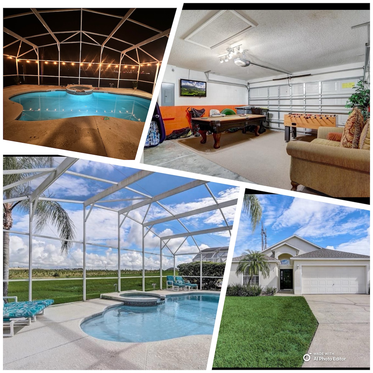 The image displays a well-lit screened patio featuring a heated pool, lounge chairs, and scenic views of the surrounding landscape. The pool area is complemented by outdoor lighting, enhancing the inviting ambiance for relaxation and recreation.