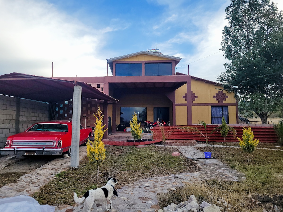 A spacious exterior features a two-story house with a unique design, accompanied by a covered carport and a vibrant red vintage vehicle. Surrounding landscaping includes decorative shrubs and trees, while a flagstone pathway leads to the entrance, enhancing the inviting atmosphere.