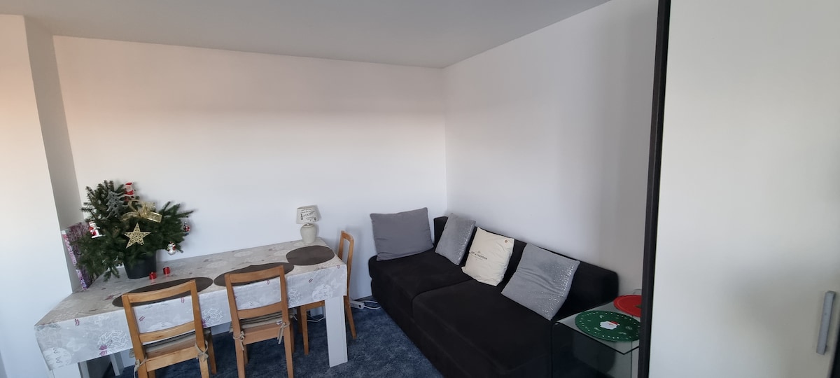A simple living area is shown, featuring a black sofa paired with decorative pillows. A wooden dining table with a festive centerpiece is positioned nearby, accompanied by four wooden chairs. The walls are painted white, and a light blue carpet covers the floor.