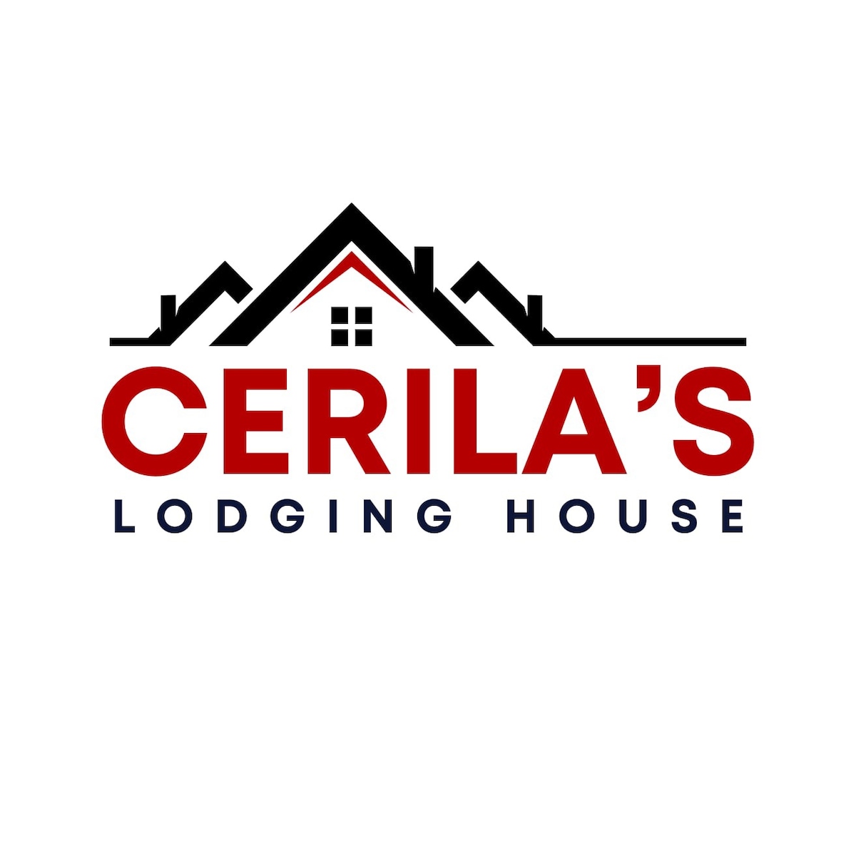 The logo features the name 'CERILA'S LODGING HOUSE' prominently displayed in bold red and navy blue letters. A simple house silhouette with a triangular roof is integrated into the design, enhancing the welcoming feel of the lodging establishment.