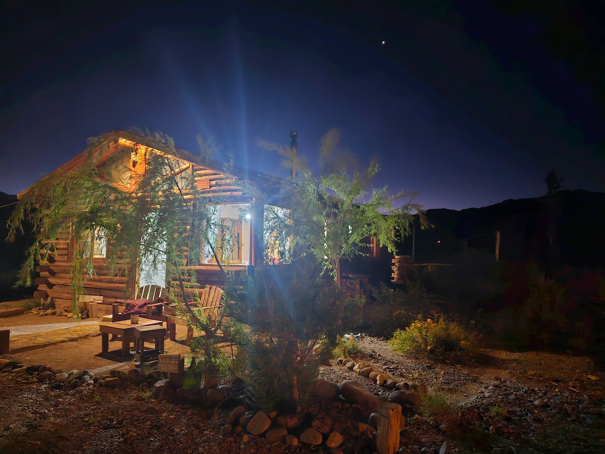 A rustic cabin is framed by natural vegetation, illuminated by warm light at night. The log structure features large windows, and a small seating area with wooden chairs is positioned outdoors. Stars can be seen twinkling in the night sky above.
