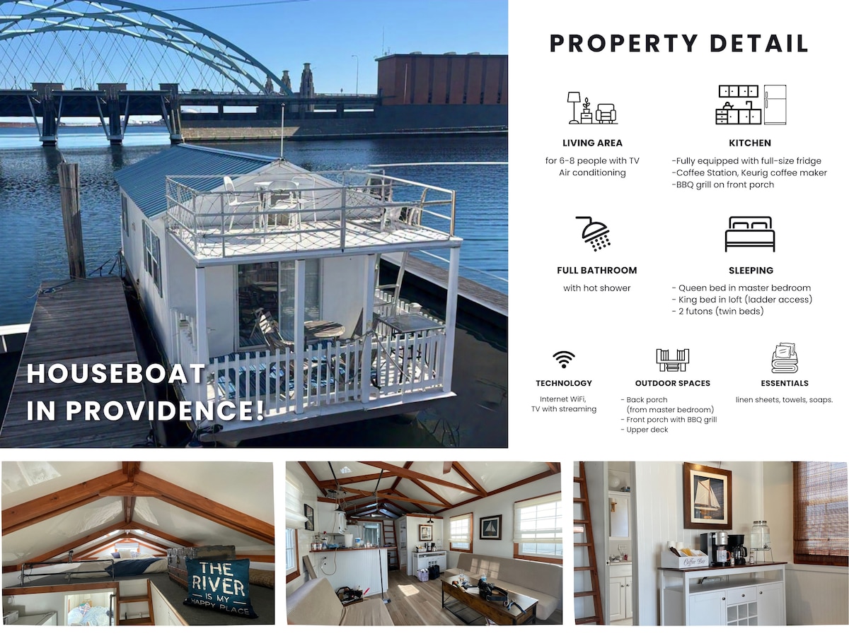 A houseboat is docked in a scenic marina, showcasing a spacious outdoor deck with railings and views of the bridge. The interior includes a cozy living area with a TV, a fully equipped kitchen, and a well-appointed bathroom with a hot shower.